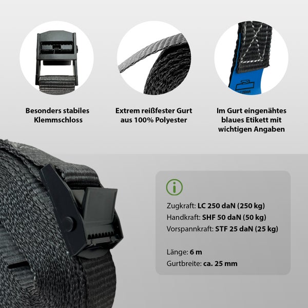 Spanngurt mit Klemmschloss, 6 Meter Länge und 25 Millimeter Breite, aus reißfestem Polyester, inklusive Zugkraft- und Belastungsangaben.