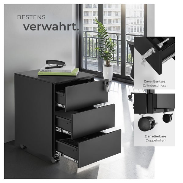 Schwarzer Rollcontainer mit drei Schubladen, Zylinderschloss und arretierbaren Doppelrollen