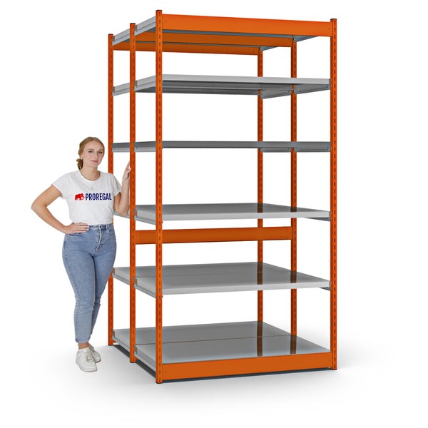 PROREGAL Fachbodenregal Stecksystem Vierkant-Profil Grundregal HxBxT 250 x 132,5 x 60 cm 2x6 Ebenen Doppelseitige Bauart Fachlast 200 kg Orange