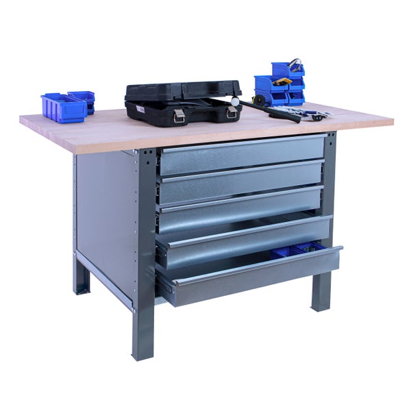 Werkbank BUFFALO WOOD mit 5x Schublade | HxBxT 86,5x150x75cm | Traglast 1000kg | Grau