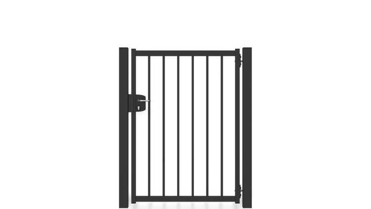 Gartentor ZAUNGURU BASIC-Linie Bremen aus Metall, Höhe: 143cm, Breite: 123cm, 1-flügelig inkl. Pfosten, Schloss und Zubehör, Feuerverzinkt und zusätzlich in RAL 7016 Anthrazitgrau pulverbeschichtet