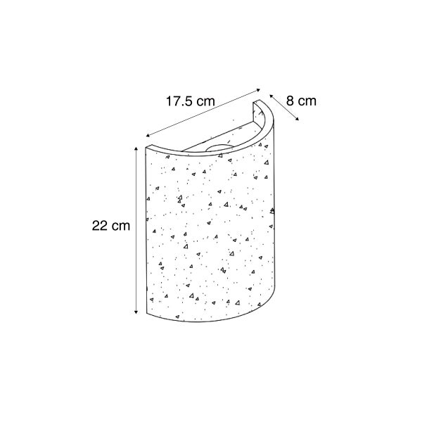Technische Zeichnung einer halbrunden Wandleuchte aus Beton mit den Maßen 17,5 Zentimeter Breite 22 Zentimeter Höhe und 8 Zentimeter Tiefe.