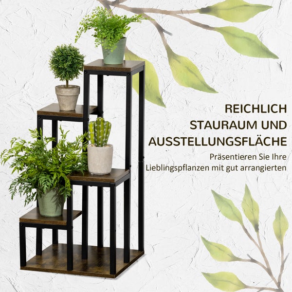 Mehrstufige Blumentreppe aus schwarzem Metall und Holzoptik mit vier Ebenen für verschiedene Zimmerpflanzen.