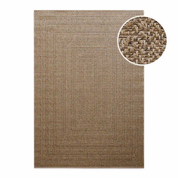 In- und Outdoor-Teppich in Sisal-Optik, rechteckig mit gewebter Textur und Detailansicht der Struktur.