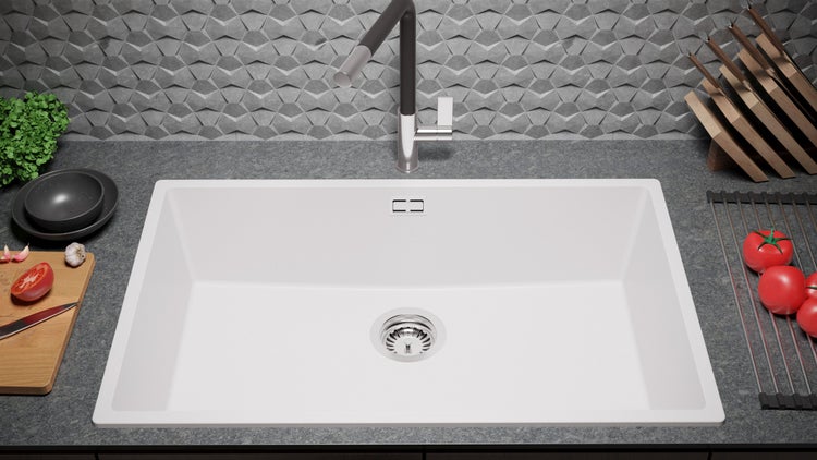 PRIMAGRAN Spülbecken Weiß 76x47cm, Granitspüle 1 Becken + Ablauf-Set, Küchenspüle ab 80er Unterschrank - London Slim
