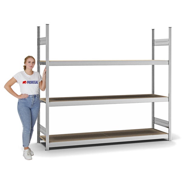 PROREGAL Weitspannregal Stecksystem T-Profil Grundregal HxBxT 200x225x50 cm 3 Ebenen Spanplatten Fachboden Fachlast 350 kg Verzinkt