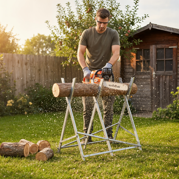 Mann sägt Holzscheit mit einer Motorsäge auf einem Sägebock im Garten.