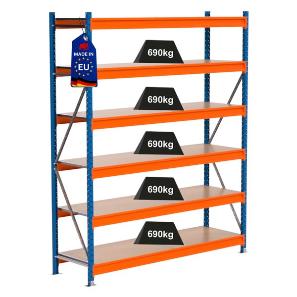 Regal mit fünf Ebenen und einer Traglast von 690 Kilogramm pro Ebene. Auf dem Regal befindet sich ein Made in EU-Etikett.