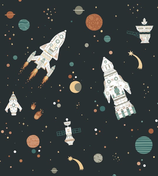 Tapete mit Weltraum-Motiv: Raketen, Raumschiffe, Planeten und Sterne auf dunklem Hintergrund für das Kinderzimmer.