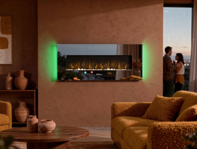 Wohnzimmer mit elektrischem Kamin, Couchtisch, Sofa und Dekoration