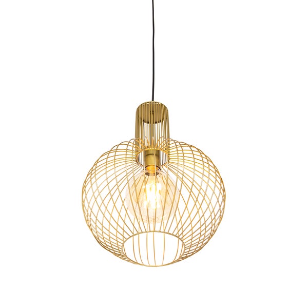Goldfarbene Pendelleuchte mit Drahtgeflecht und Glühbirne