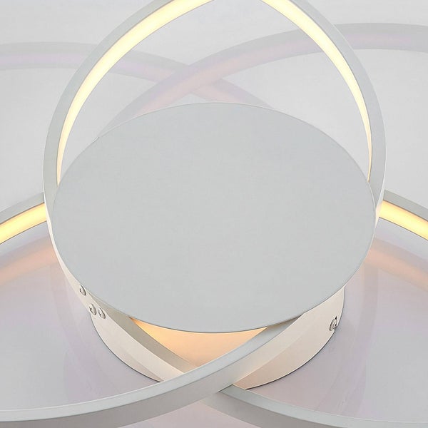 LED-Deckenleuchte mit sich überschneidenden Ringen und runder Deckenhalterung, Detailansicht