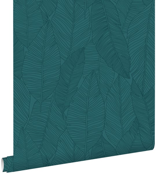 ESTAhome Tapete gezeichnete Blätter Petrolblau - 53 cm x 10.05 m - 139448