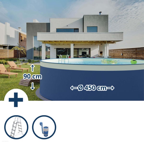 Rundes Stahlwandbecken in hellem Garten mit modernem Haus, Durchmesser 450 Zentimeter, Höhe 90 Zentimeter, inklusive Leiter und Skimmer.