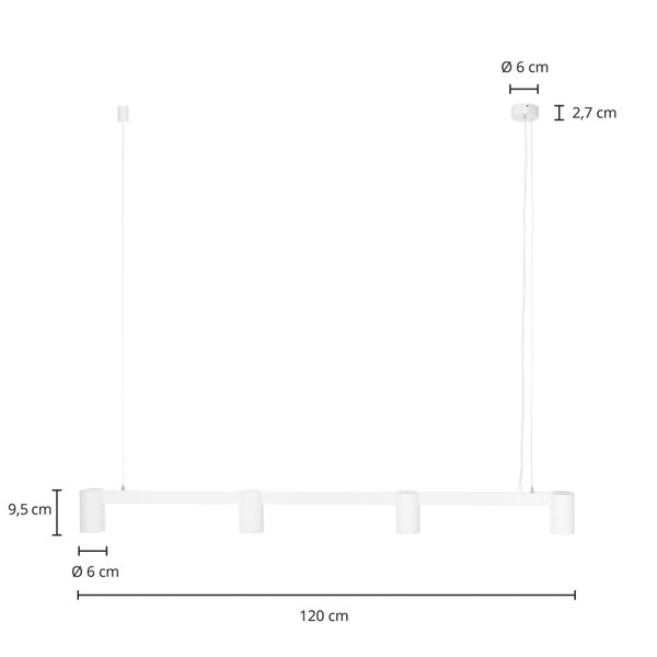 Technische Zeichnung einer Pendelleuchte mit vier Lampen und Maßangaben