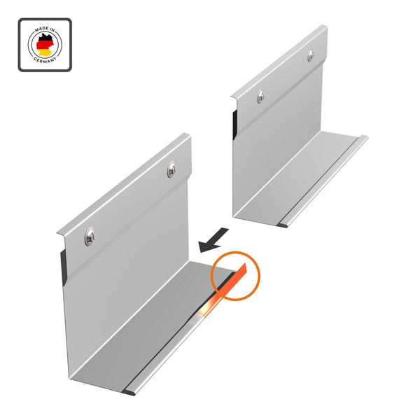 Zwei Aluminiumprofile mit Befestigungsschrauben, die durch eine Steckverbindung zusammengefügt werden, Hergestellt in Deutschland.