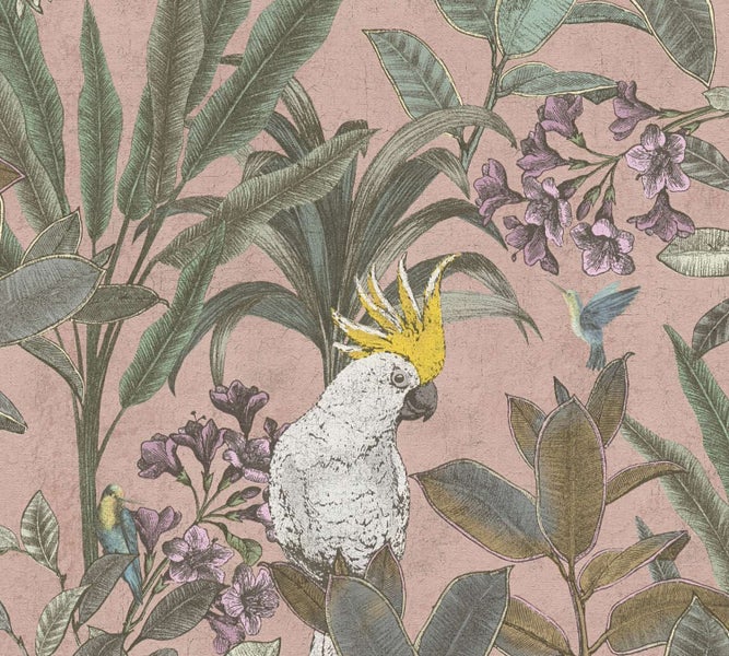 Tapete mit tropischem Dschungelmotiv, Kakadu, Kolibri und Blumen auf strukturiertem Untergrund.