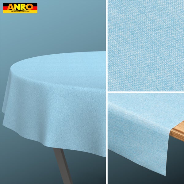 ANRO Logo. Abwaschbare Tischdecke in Leinenoptik, dargestellt auf einem Tisch, als Material-Nahaufnahme und an einer Tischkante.