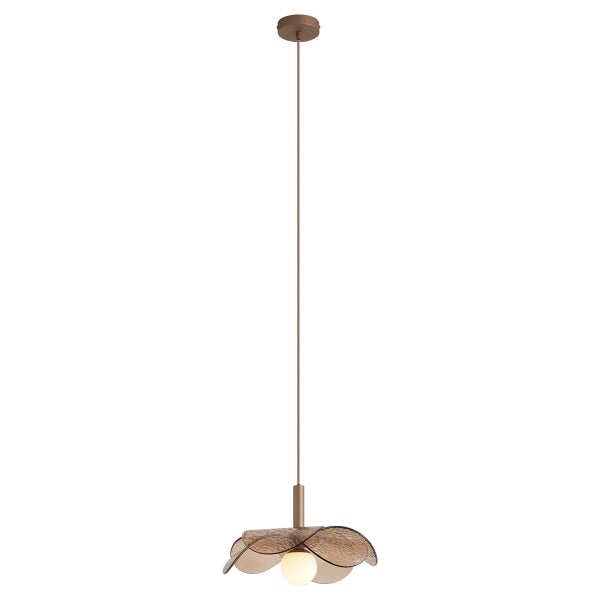 Moderne Pendelleuchte mit blütenförmigem Glasschirm und mittiger Lichtquelle an einer schlanken Aufhängung für die Innenbeleuchtung.