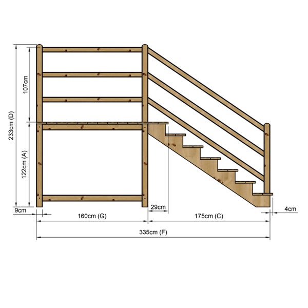 Illustration eines Holzspielturms mit Maßen.