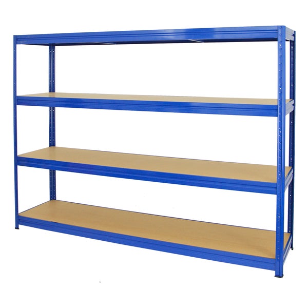 Blaues Weitspannregal mit Metallrahmen und vier Fachböden aus Holz.