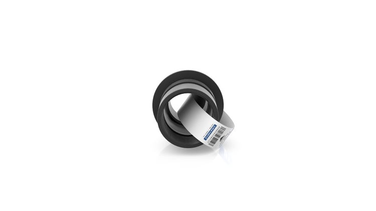 Schwarze Übergangskupplung für Rohre aus flexiblem Material mit einem weißen Etikett.