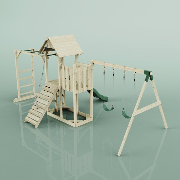 Holzspielplatz mit Schaukel, Rutsche, Kletterwand und Spielhaus