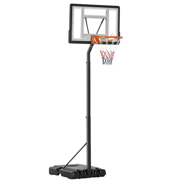 Höhenverstellbare Basketballanlage mit transparentem Zielbrett, Korbnetz und befüllbarem Standfuß für den Außenbereich.