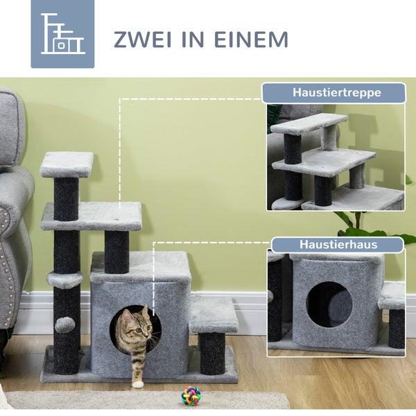 PawHut Haustiertreppe, 3/4-stufige höhenverstellbare Katzentreppe mit Schlafhöhle 2 in 1 praktische Hunderampe für kleine Hunde und Katzen Einstieghilfe für hohe Betten Sofa Grau 60 x 40 x 66 cm