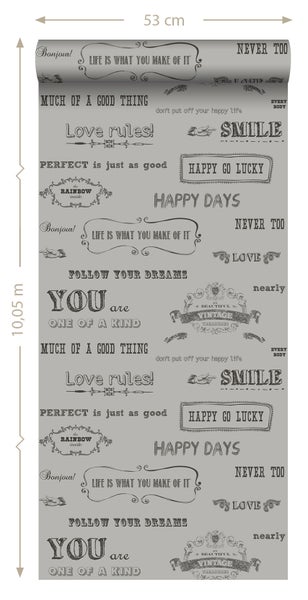 Tapetenrolle mit aufgedruckten Schriftzügen, Länge 10,05 Meter und Breite 53 Zentimeter