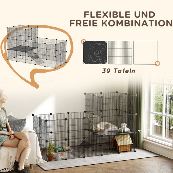 PawHut Kleintiergehege Kleintierkäfig mit 39 Platten Freigehege mit Rampe DIY Gittergehege Metall Kleintiere öffenbar Schwarz 140 x 70 x 105 cm
