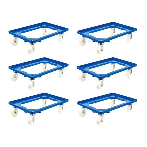 PROREGAL SparSet 6x Transportroller für Euroboxen 60 x 40 cm mit Kunststoffräder Blau Offenes Deck 2 Lenkrollen und 2 Bockrollen Traglast 300 kg