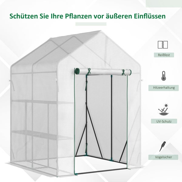 Outsunny Foliengewächshaus, begehbares Gewächshaus mit 4 Regalebenen, Reißverschlusstüren, 143 x 143 x 195 cm, Stahl, PE-KunststoffWeiß