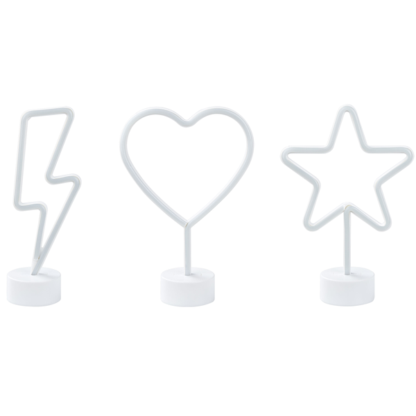 Weiße LED-Dekoleuchten in Form von Blitz, Herz und Stern auf runden Standfüßen.