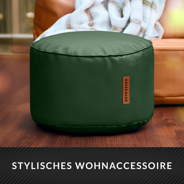 Runder Sitzhocker aus Leder mit Green Bean Logo
