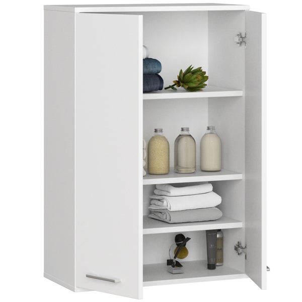 Badezimmerschrank mit offenen Türen und Regalen zur Aufbewahrung von Badartikeln