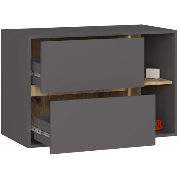 Grauer Waschtischunterschrank mit zwei Schubladen und offenem Fach