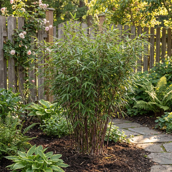 Garten-Bambus mit dunklen Halmen und grünen Blättern in einem Gartenbeet neben einem Holzzaun mit Rosen sowie Hostas und Farnen.