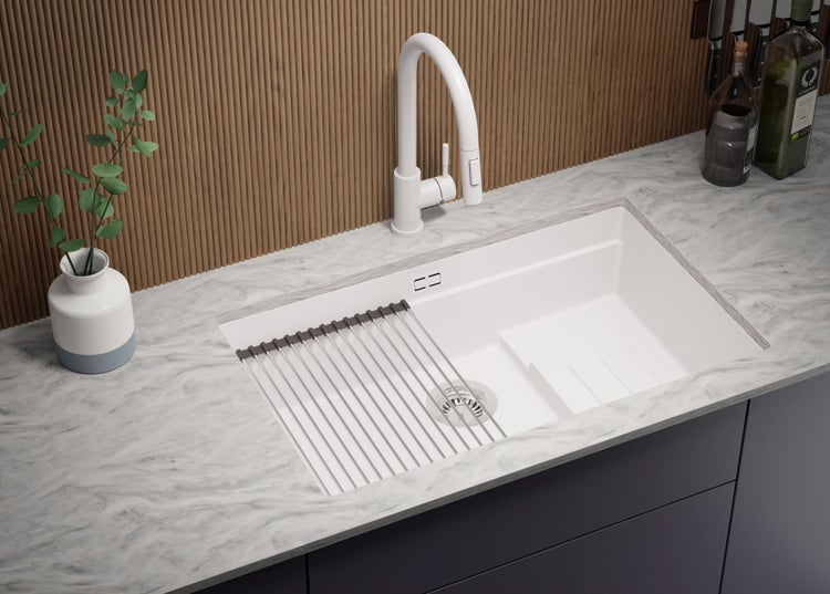 PRIMAGRAN Unterbauspüle Granit Alles Weiß 76x47cm, Spülbecken 1 Becken + Ablauf-Set + Aufrollbare Abtropffläche, Granitspüle ab 80er Unterschrank - Praga
