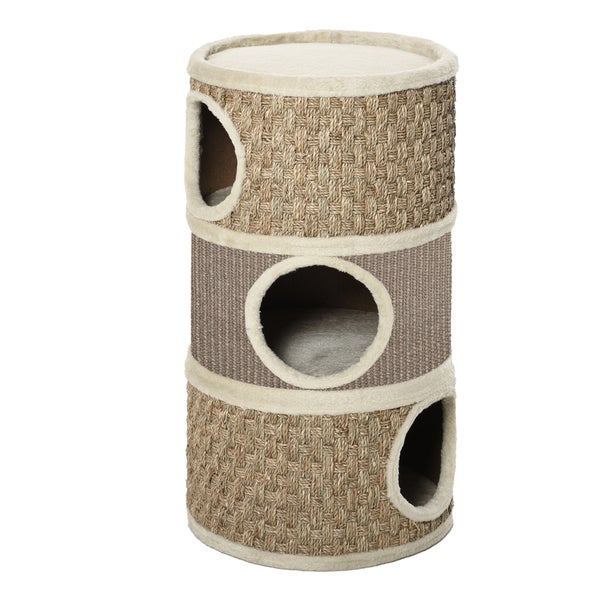 PawHut Kratztonne, Höhe 70 cm, Katzenkratzbaum für katzen 3 Ebenen Katzenbaum Kletterbaum Katzenmöbel mit Sisal Plüsch