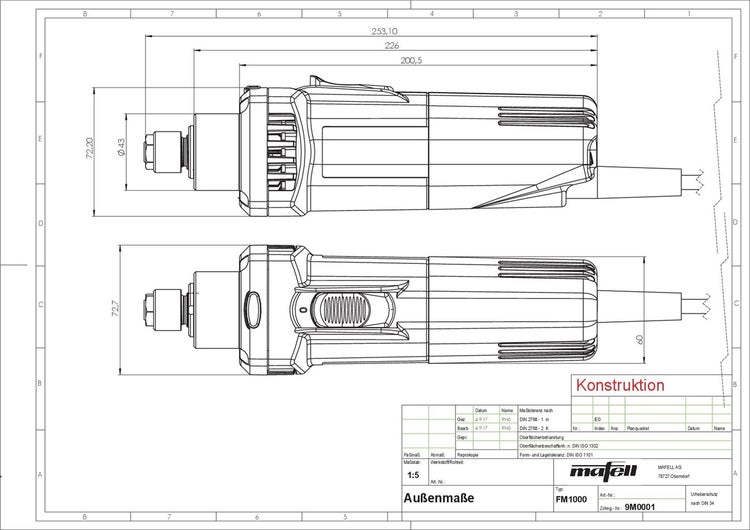 Technische Zeichnung mit Maßangaben der Mafell Fräsmotor FM 1000