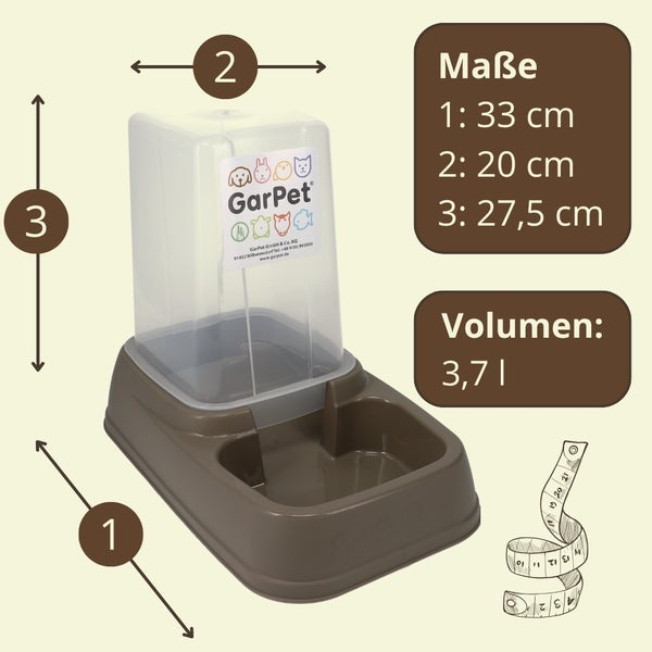 GarPet Futterspender oder Wasserspender aus Kunststoff mit 3,7 Liter Volumen. Maße: Länge 33 Zentimeter, Breite 20 Zentimeter, Höhe 27,5 Zentimeter.