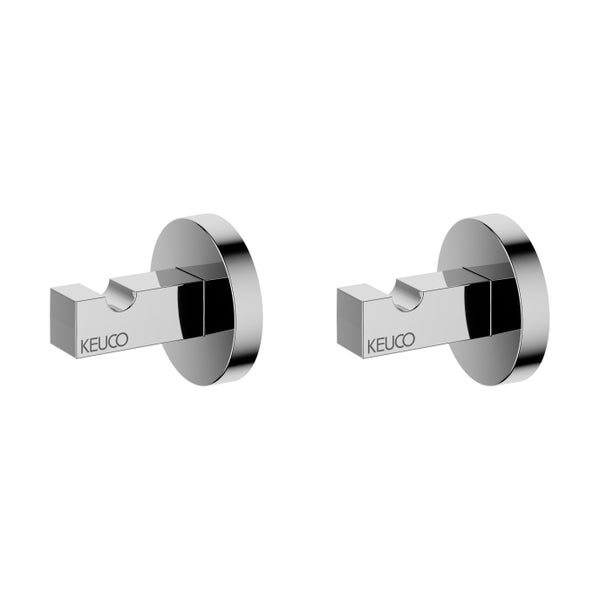Zwei Keuco Handtuchhaken in quadratischem Design mit runder Wandbefestigung aus Metall