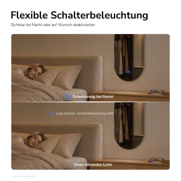 Schlafzimmer mit ovalem Spiegel, dessen Schalterbeleuchtung zur Orientierung bei Nacht ein- oder ausgeschaltet werden kann.