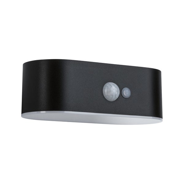 Moderne ovale LED Wandleuchte für den Außenbereich mit Bewegungsmelder und Sensor in funktionalem Design.