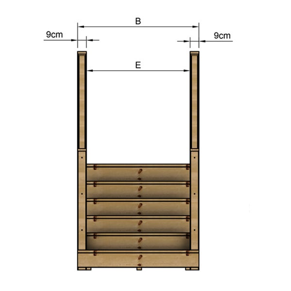 Technische Zeichnung eines Holzregals mit Breitenangaben