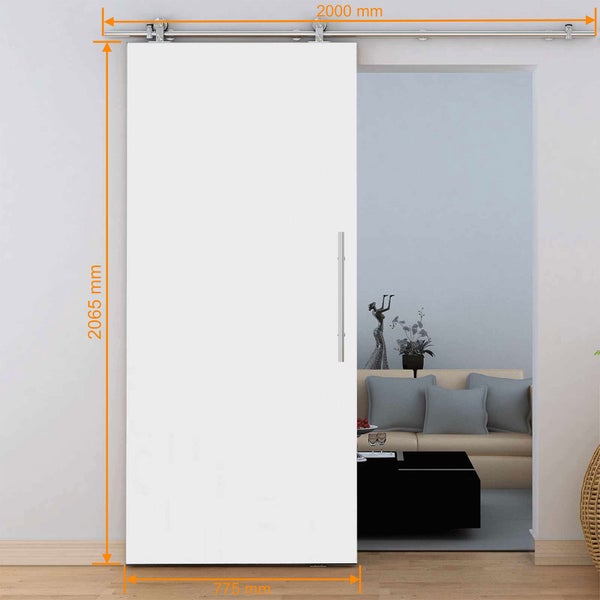 Schiebetür mit den Maßen 2065 mal 775 Millimeter und einer Schiene von 2000 Millimeter Länge.