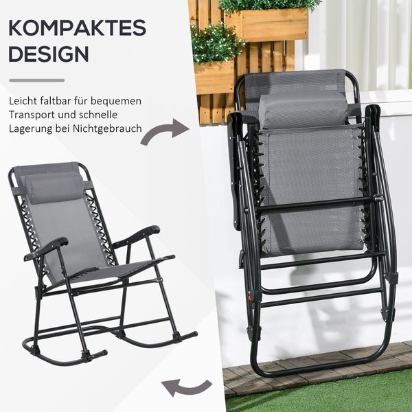 Outsunny Schaukelstuhl, Klappbar Gartenstuhl mit Kopfkissen, bis 120 kg, 95 x 64 x 106 cm, Mesh, Hellgrau