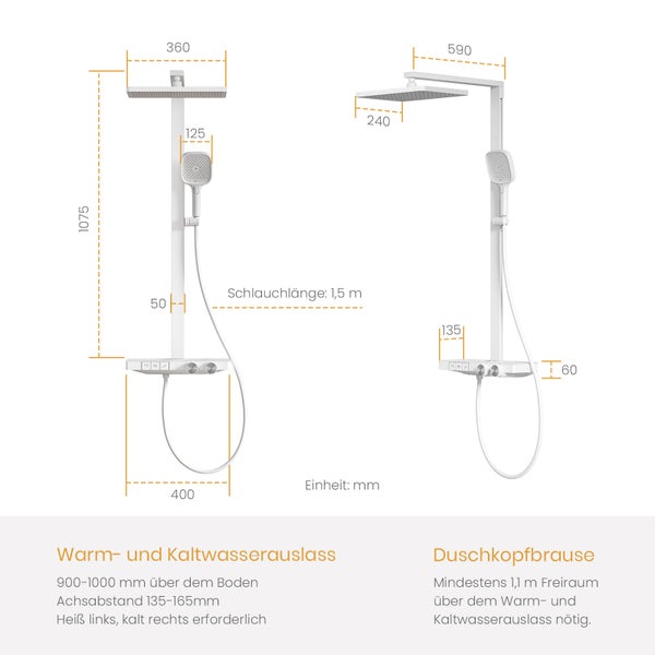 EMKE Duschsystem mit Thermostat, LED-Temperaturanzeige, Regendusche 36 x 24 cm, 4 Strahlarten, höhenverstellbare Brausestange, Weiß Matt