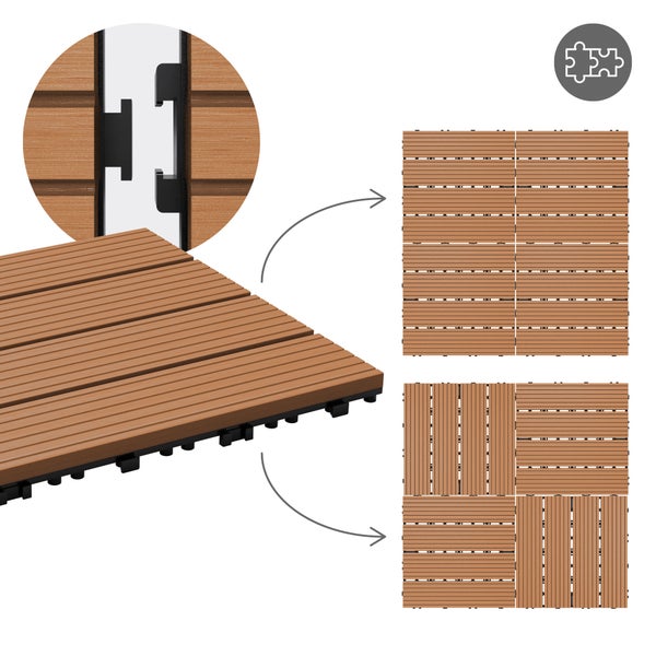 WPC Terrassenfliese braun mit Klicksystem, Darstellung von zwei verschiedenen Verlegemustern und Detailansicht der Steckverbindung.